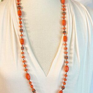 J. Crew Salmon Orange Beaded Necklace w Rhinestone Accents Gold-Tone Chain